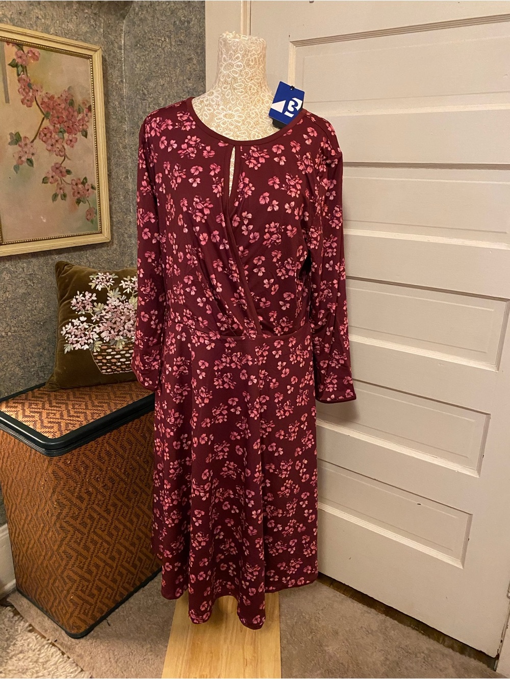 NWT Betabrand burgundy floral midi dress faux wrap keyhole neck XL has pockets!